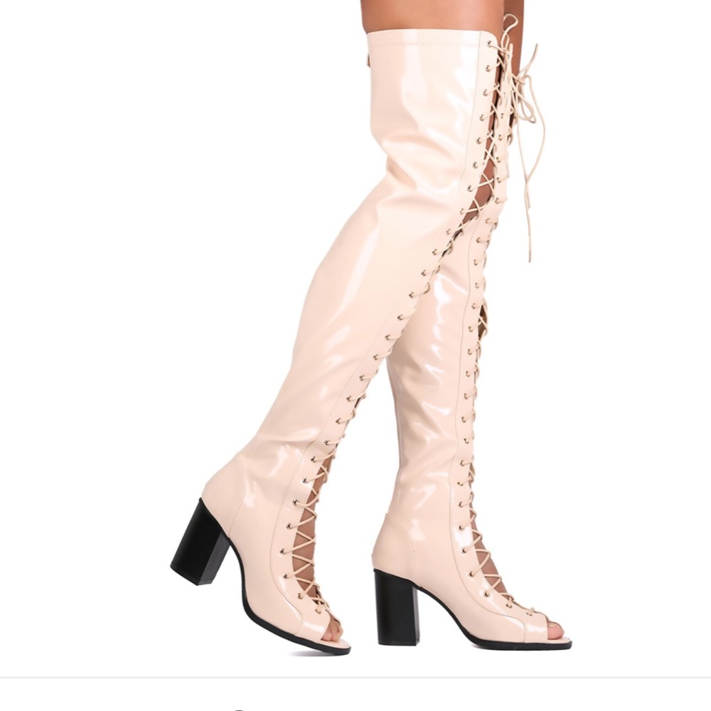 Cape Robbin Nude Thigh High Lace Up Heel size 7.5